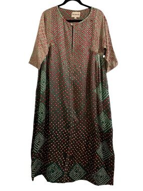 Green Patterned Maxi Dress with Red Dot Accents
